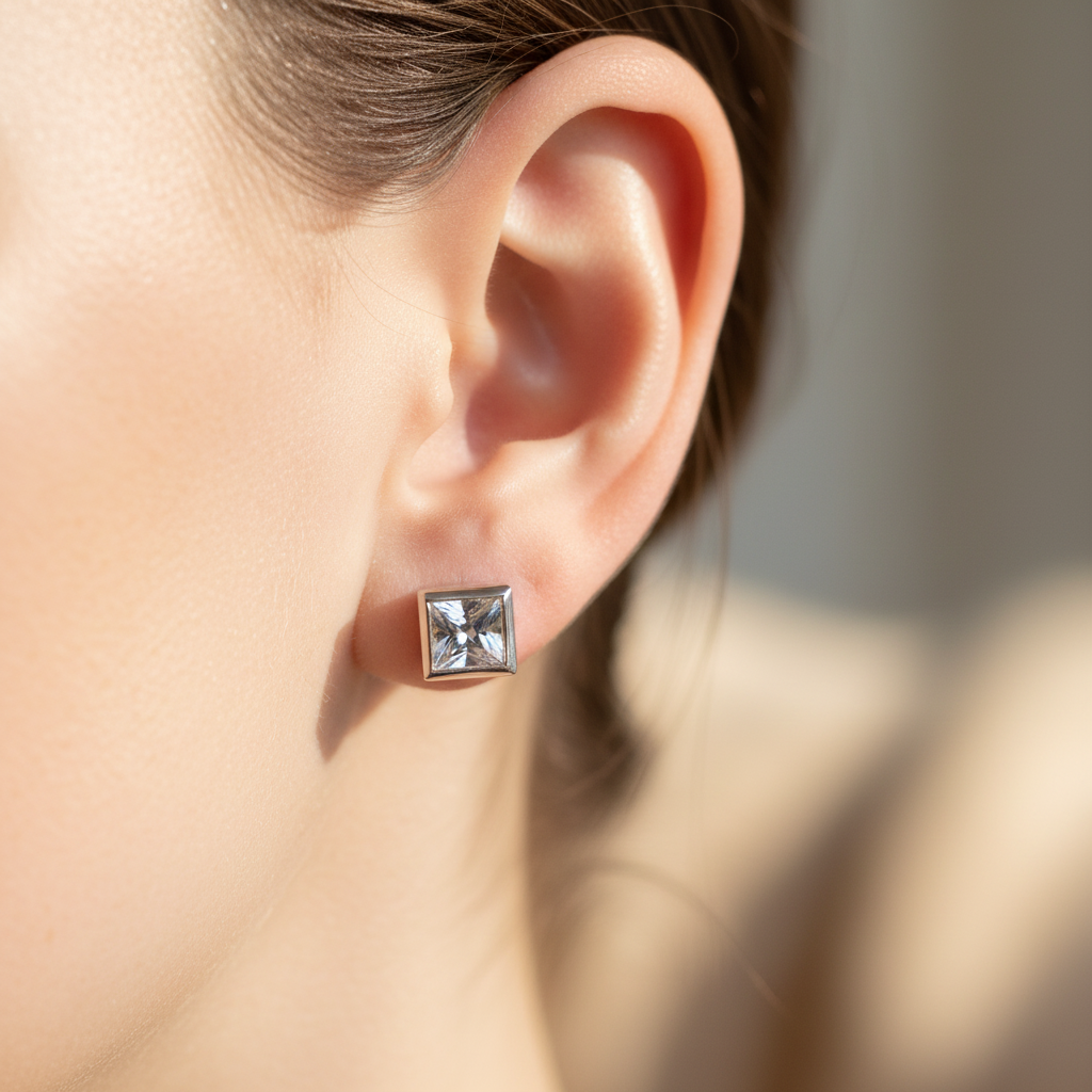 White Cz Stone Silver 5X5 mm Square Rubover Set Earring