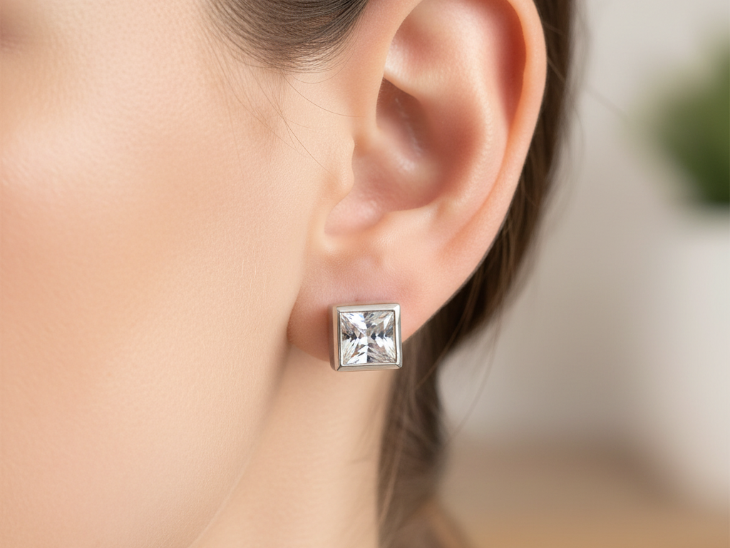 White Cz Stone Silver 10mm x10mm Square Rubover Set Earring