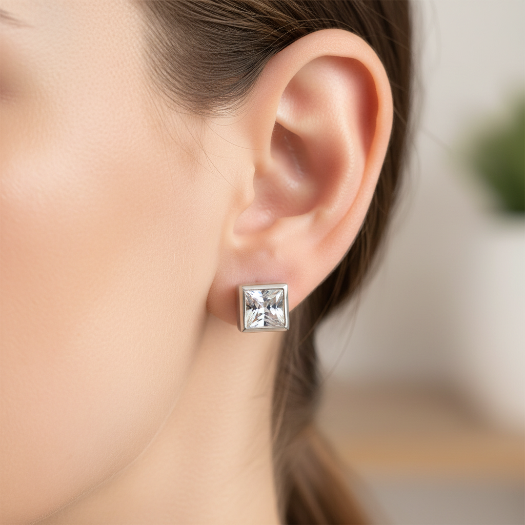 White Cz Stone Silver 10mm x10mm Square Rubover Set Earring