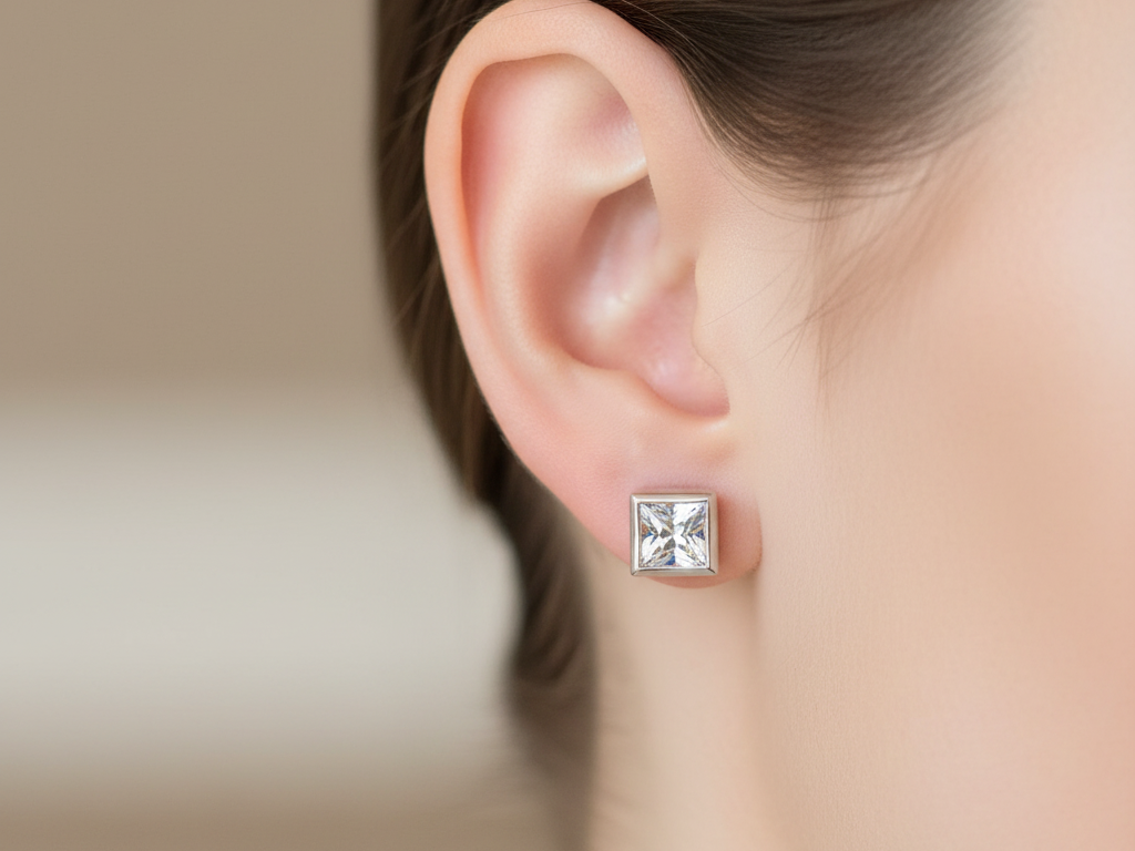 White Cz Stone Silver 6mm X6MM Square Rubover Set Earring