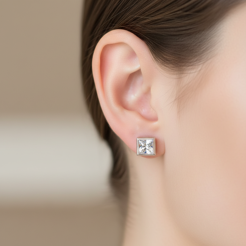 White Cz Stone Silver 6mm X6MM Square Rubover Set Earring
