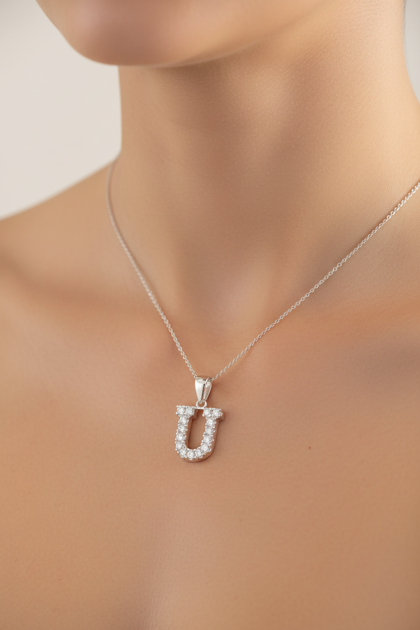Simply Silver with White Cubic Zirconia Large Initial Pendant.
