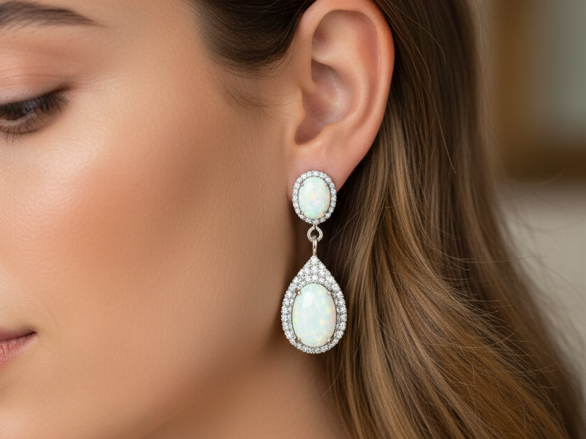 Opal And Cz Silver Earring