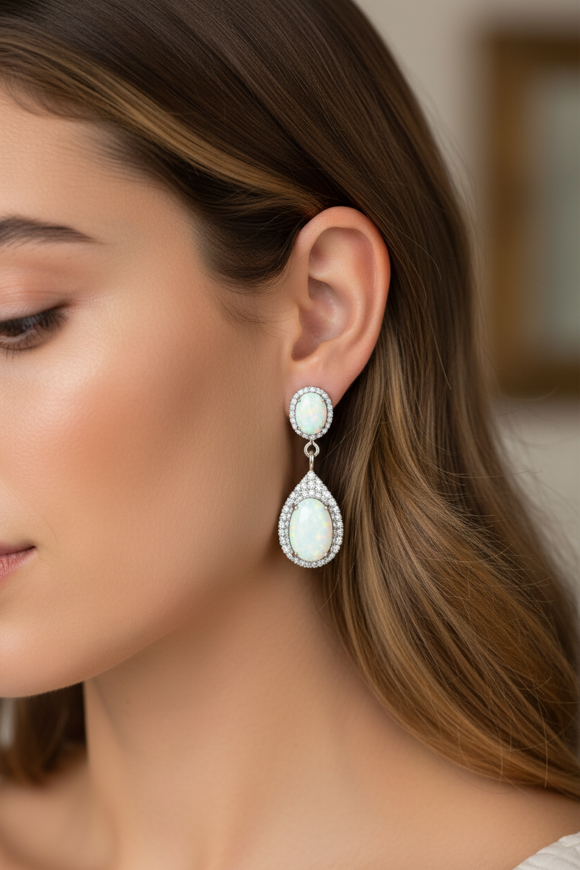 Opal And Cz Silver Earring