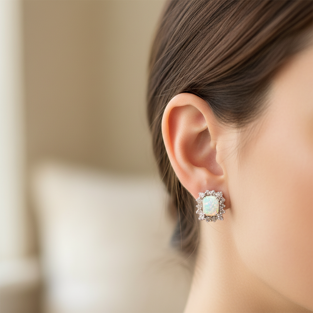 Opal and Cz Silver Earring