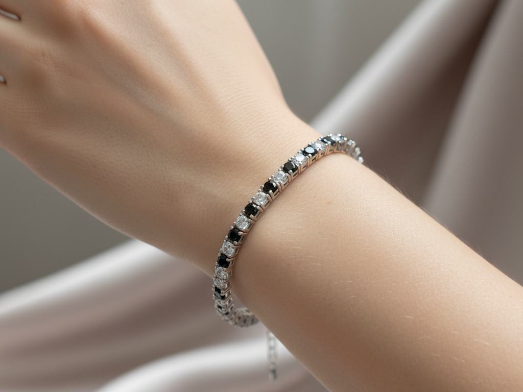 Black And White Cubic Zirconia Claw Set Silver 3mm Stone Tennis Bracelet