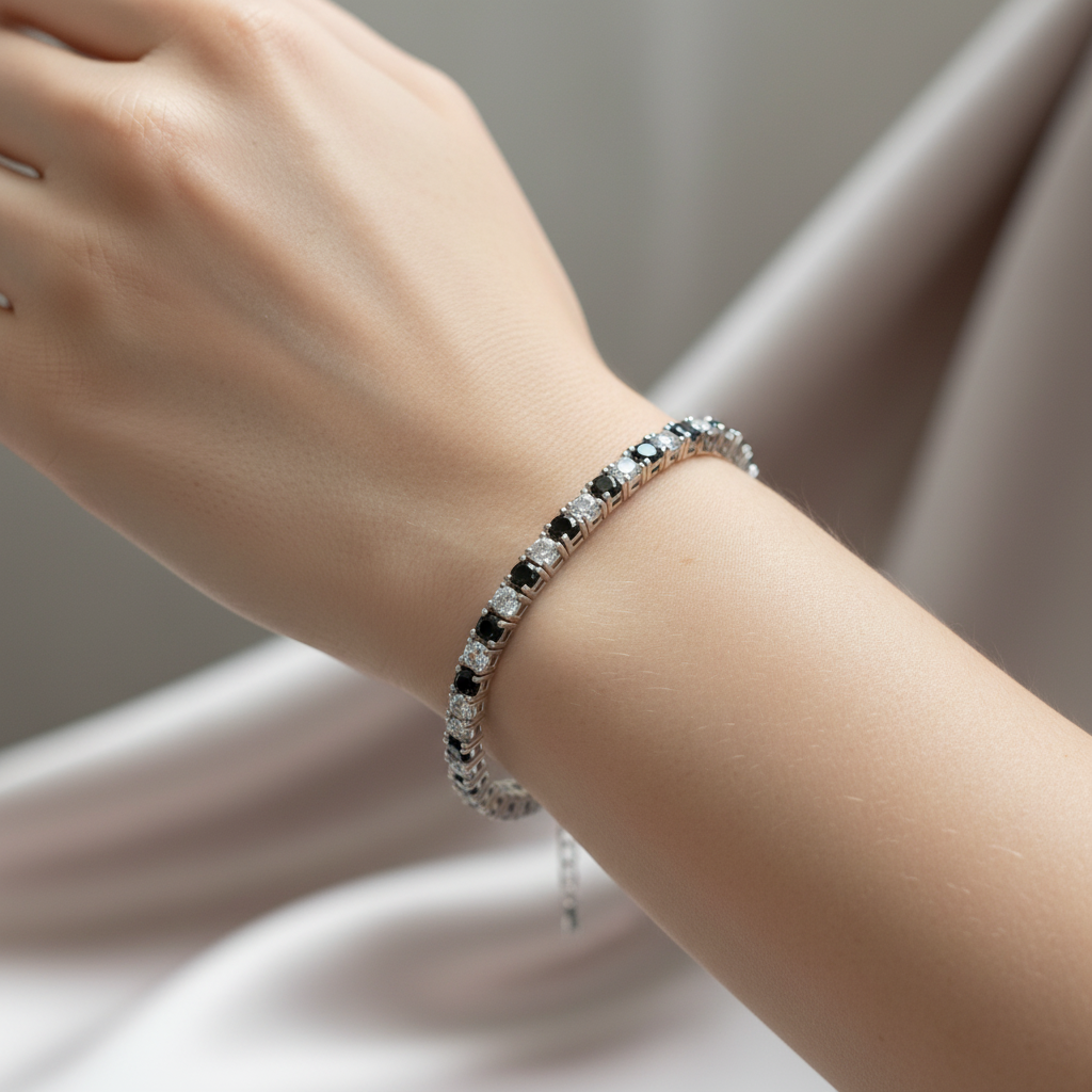Black And White Cubic Zirconia Claw Set Silver 3mm Stone Tennis Bracelet