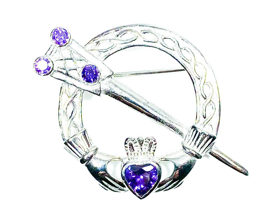 Claddagh Brooch Silver with Amethyst Cubic Zirconia Stone