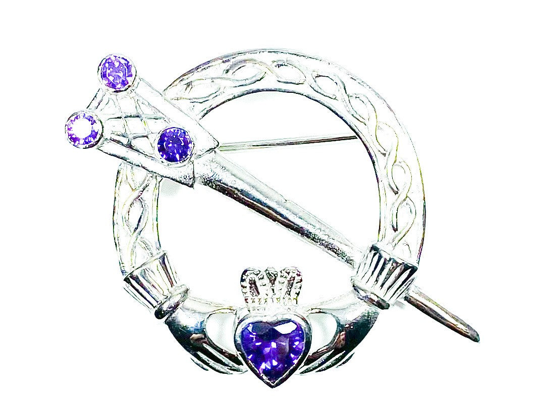 Claddagh Brooch Silver with Amethyst Cubic Zirconia Stone