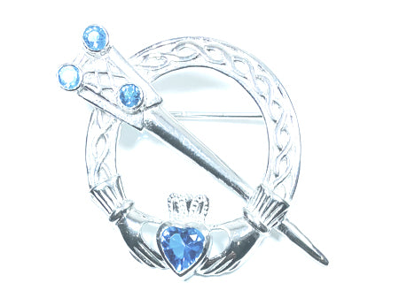 Claddagh Brooch Silver with Aquamarine Cubic Zirconia Stone