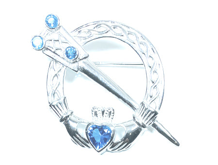 Claddagh Brooch Silver with Aquamarine Cubic Zirconia Stone