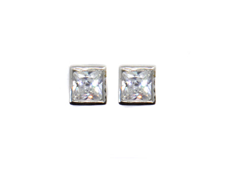 White Cz Stone Silver 6mm X6MM Square Rubover Set Earring
