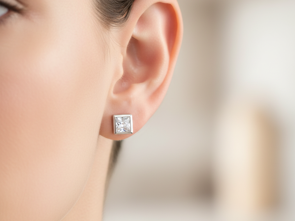White Cz Stone Silver 4mm Square Rubover Set Earring Boxed.