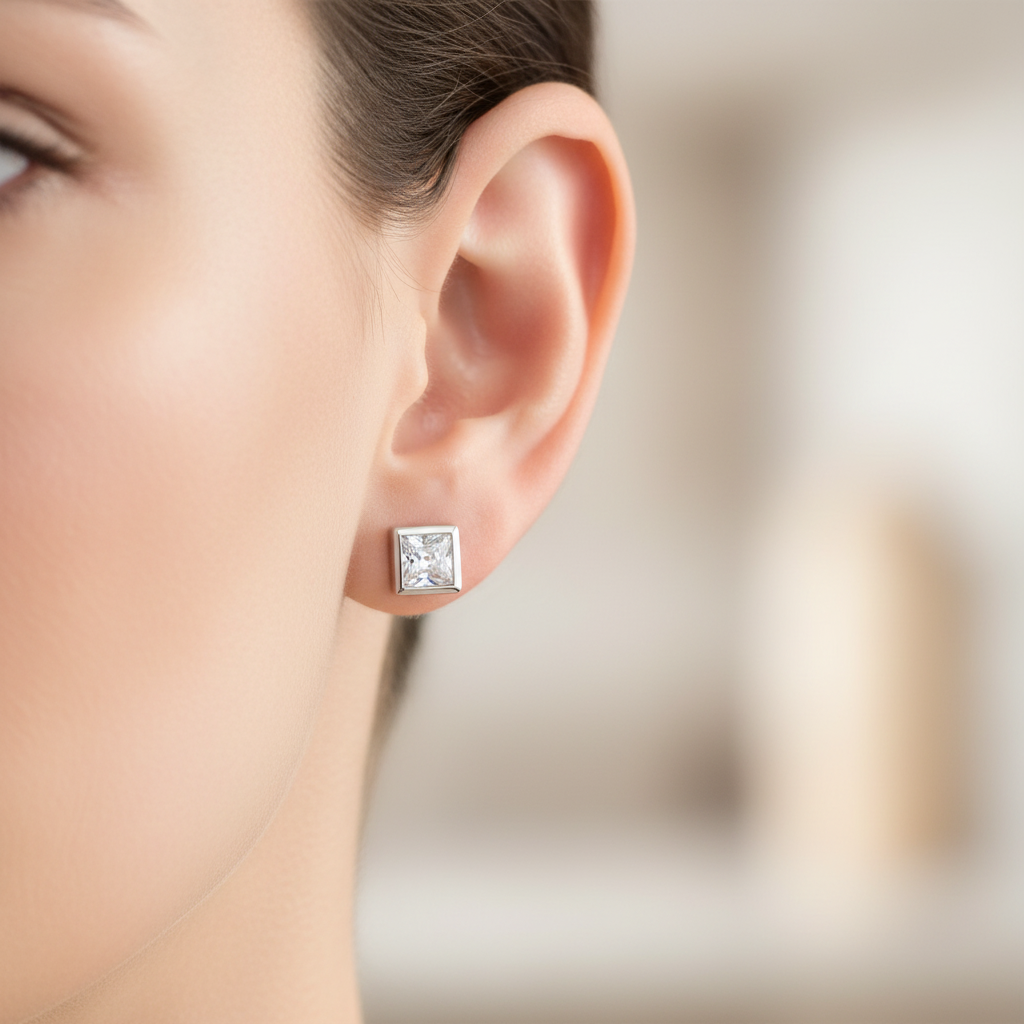 White Cz Stone Silver 4mm Square Rubover Set Earring Boxed.