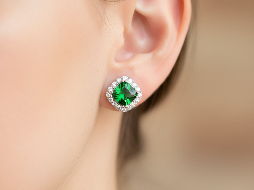 Emerald Cubic Zirconia Silver Earring