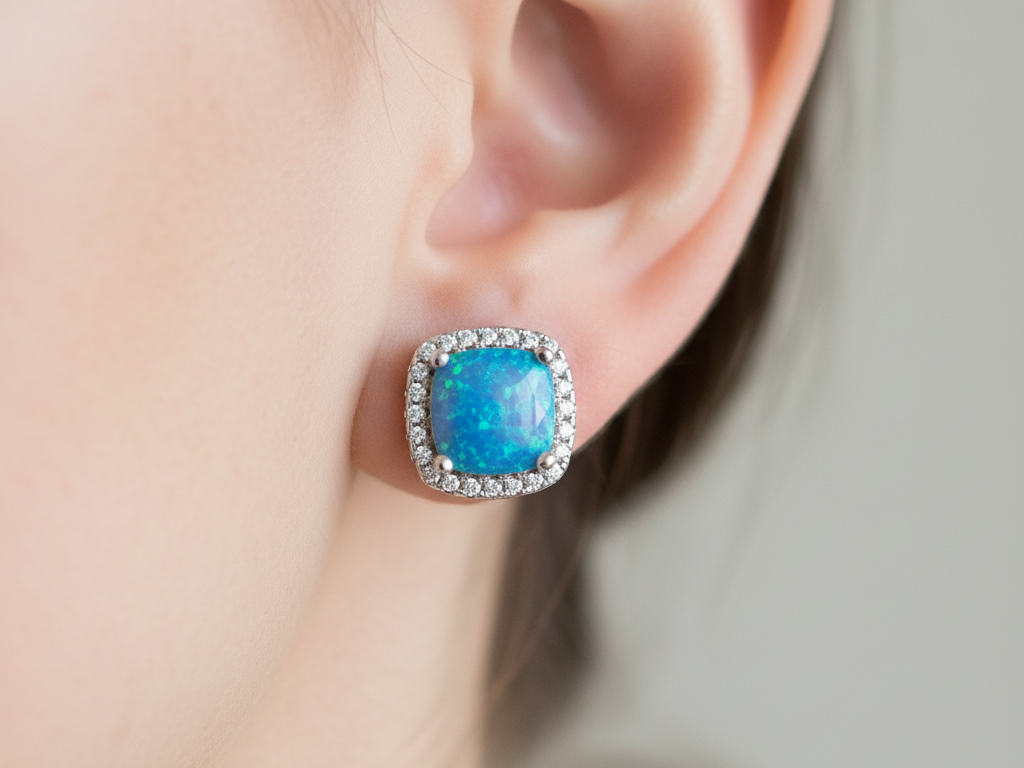 Blue Opal And Cz Silver Earring