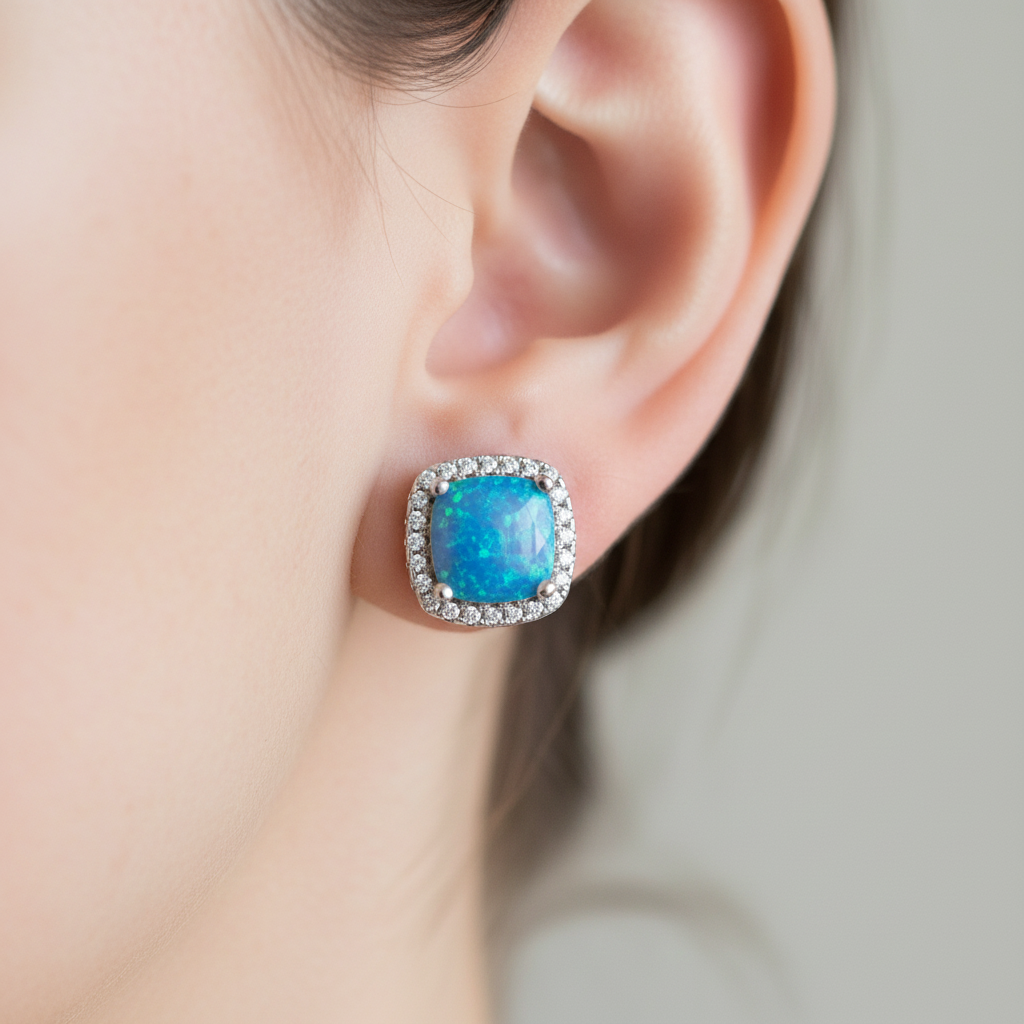 Blue Opal And Cz Silver Earring