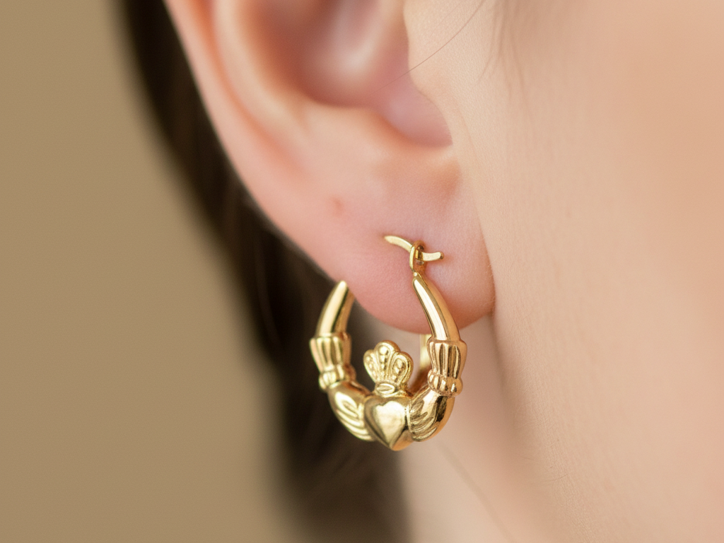 9 Carat Yellow Gold Claddagh Creole Small Earrings