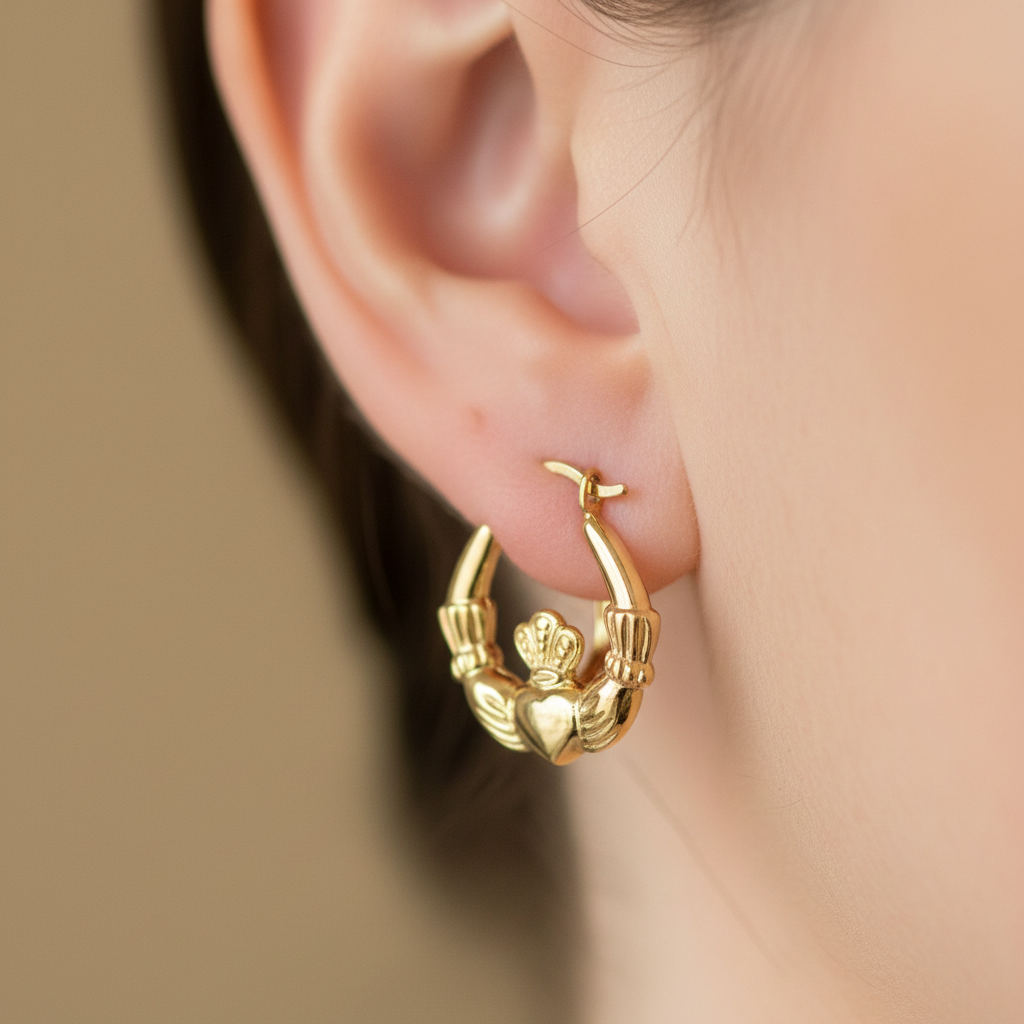 9 Carat Yellow Gold Claddagh Creole Small Earrings