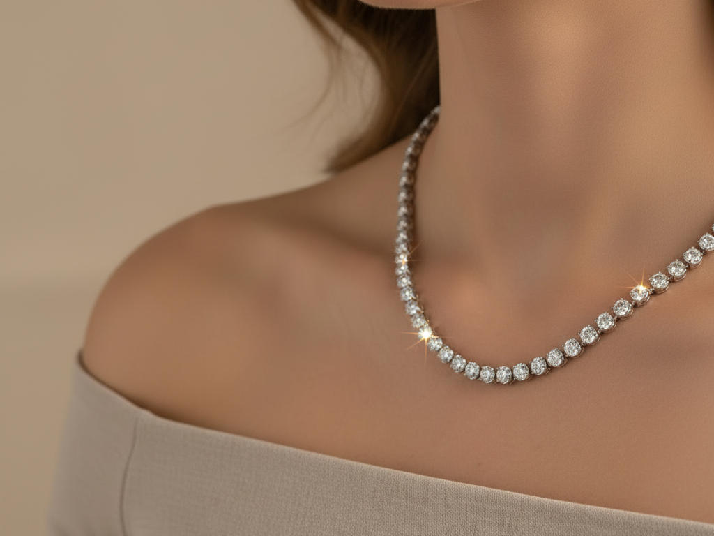 White Cubic Zirconia Rubover Set Tennis 4 mm Stone Silver Necklace