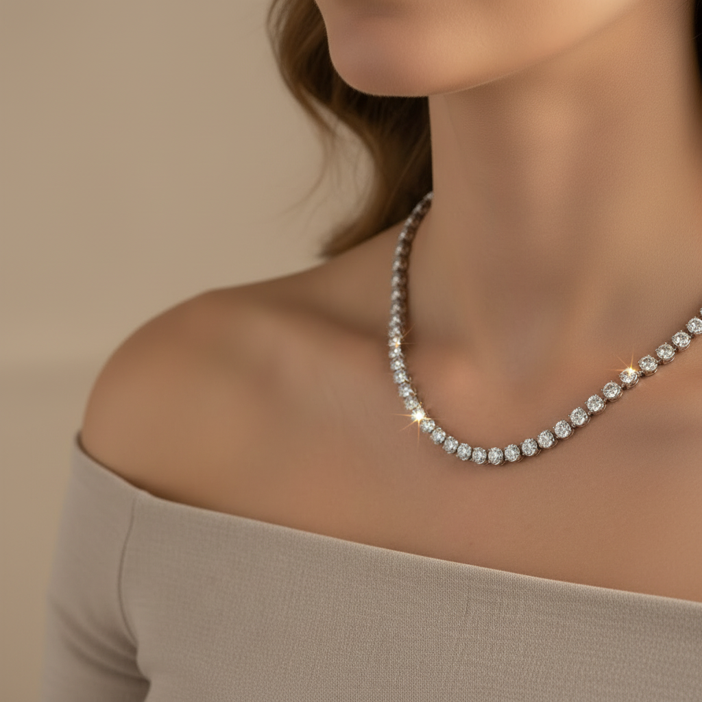 White Cubic Zirconia Rubover Set Tennis 4 mm Stone Silver Necklace