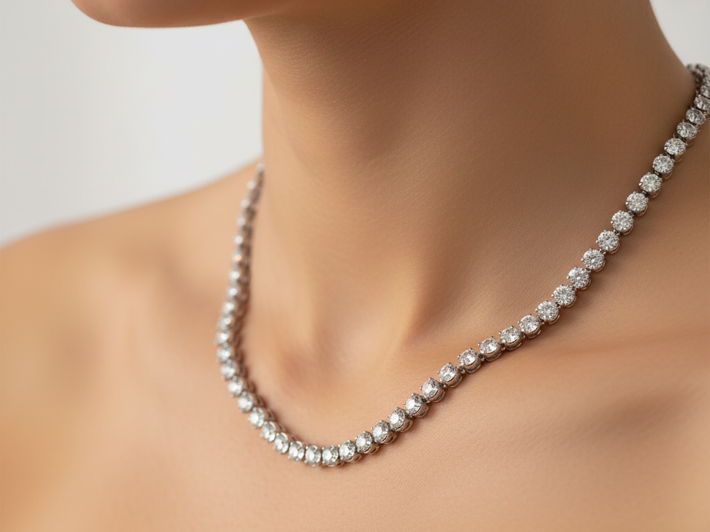 White Cubic Zirconia Rubover Set Tennis 2 mm Stone Silver Necklace