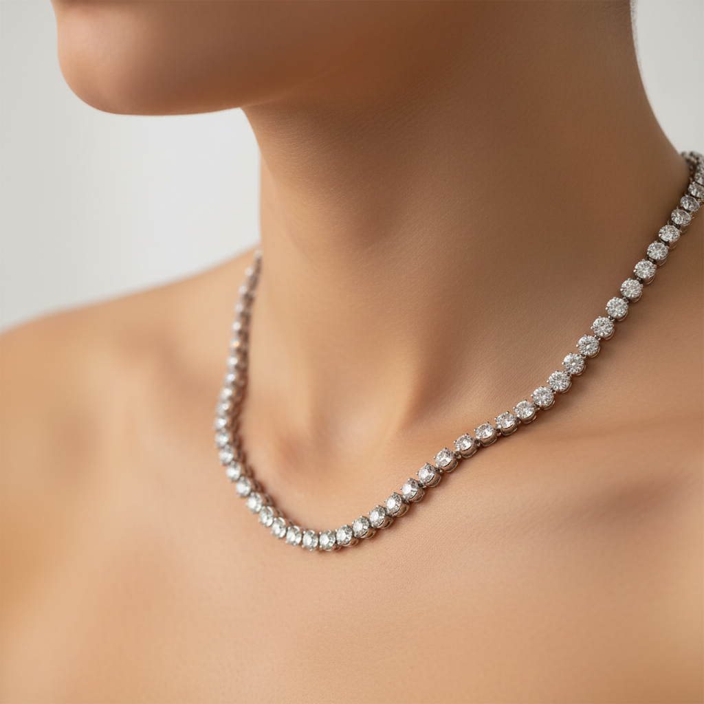 White Cubic Zirconia Rubover Set Tennis 2 mm Stone Silver Necklace