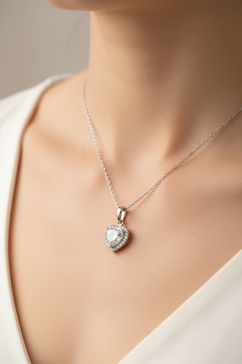 A White Gold Heart Cz Gold Necklace