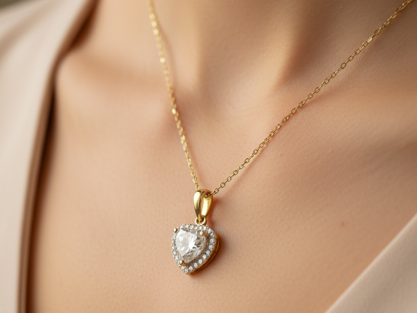 9ct Yellow Gold Heart Cz Gold Necklace