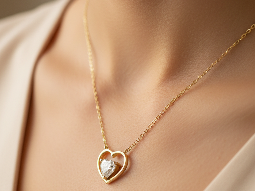 9ct Yellow Gold Heart Cz Gold Necklace