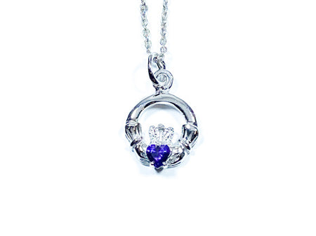 Claddagh February Birthstone Amethyst Stone set Silver Rodium Plated Pendant Chained