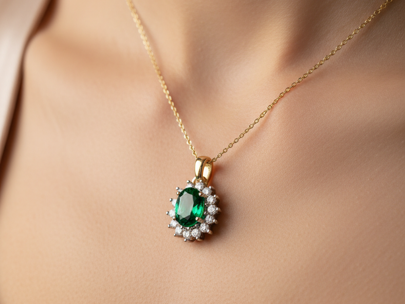 9 CT Yellow Gold Emerald Cz Pendant Chained 7×5
