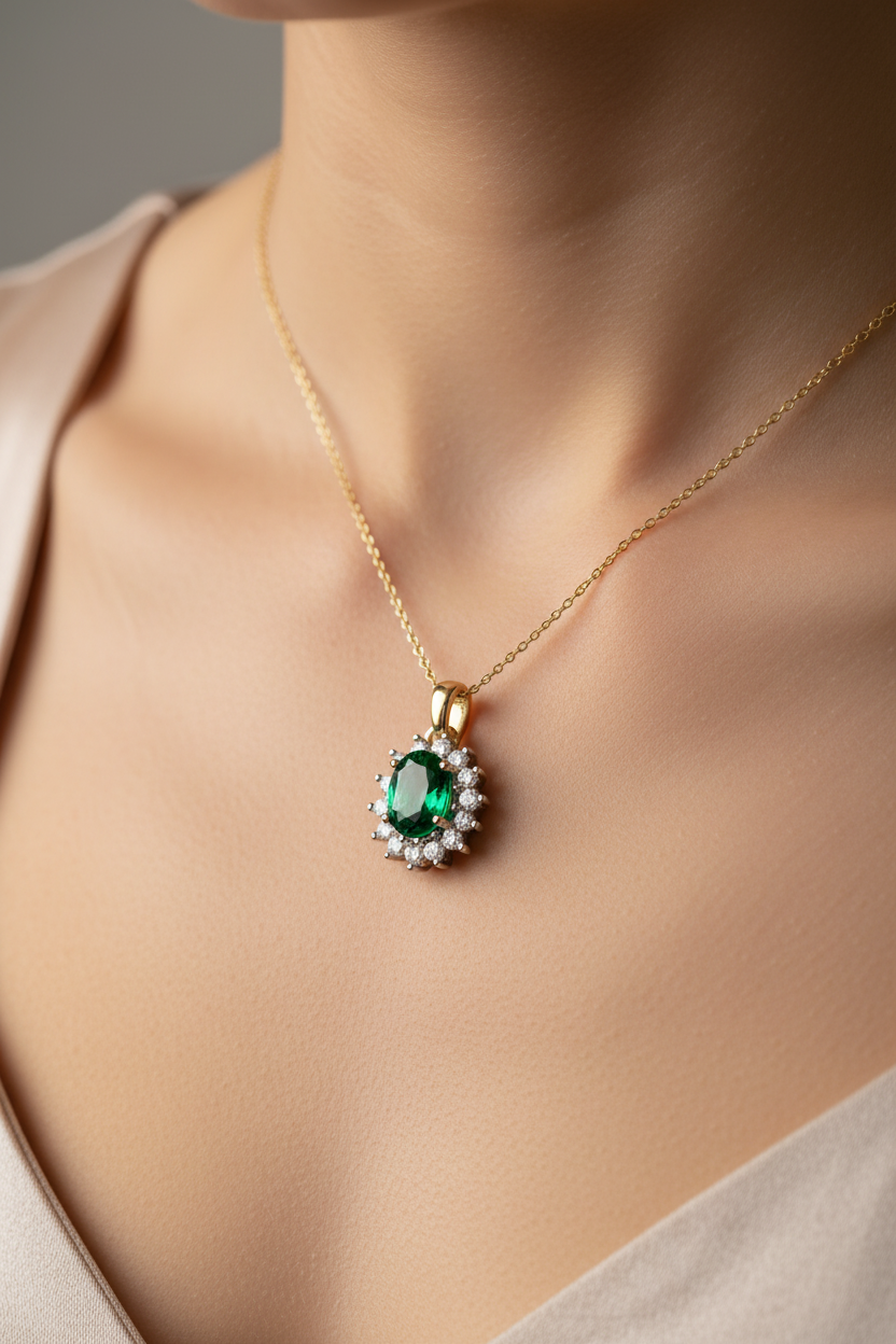 9 CT Yellow Gold Emerald Cz Pendant Chained 7×5