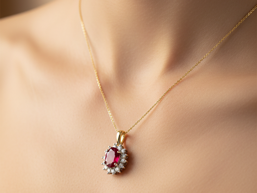 9 CT Yellow Gold Ruby Cz Pendant Chained. Stone Size 7×5 mm