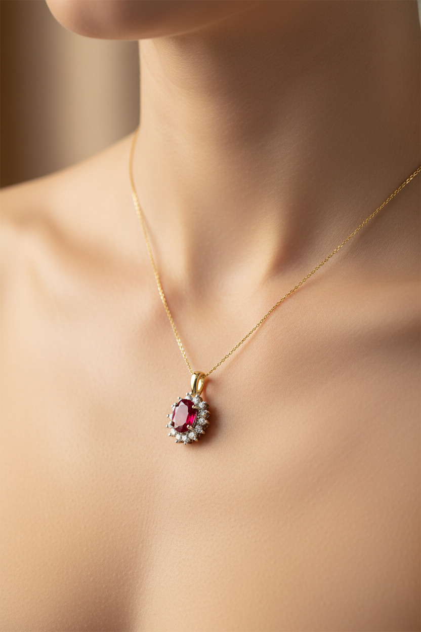 9 CT Yellow Gold Ruby Cz Pendant Chained. Stone Size 7×5 mm