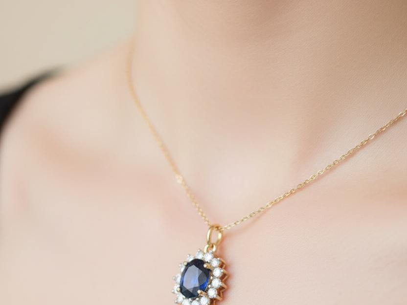 9 CT Yellow Gold Sapphire Cz Pendant Chained .Stone Size 7×5 mm