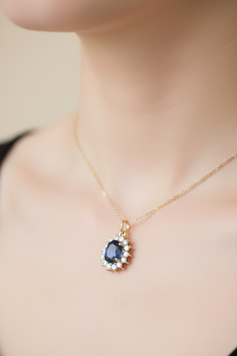 9 CT Yellow Gold Sapphire Cz Pendant Chained .Stone Size 7×5 mm
