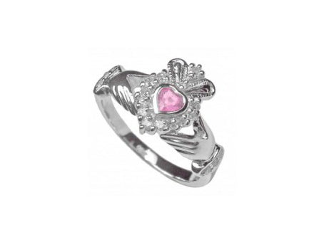Celtic Silver Claddagh Pink October Birthstone Ring