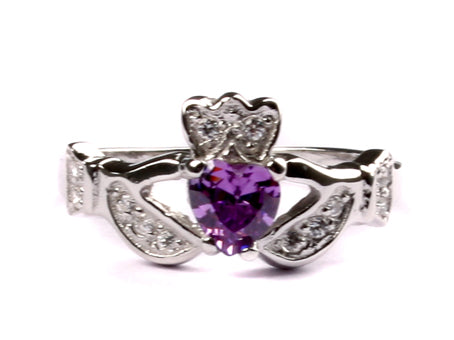 Claddagh Ring with Amethyst Cubic Zirconia February Month BirthStone.