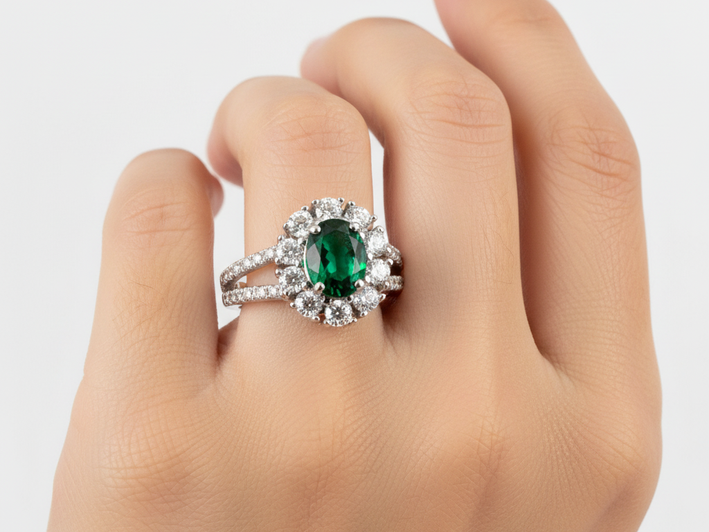 9ct White Gold Emerald Cz Ring.