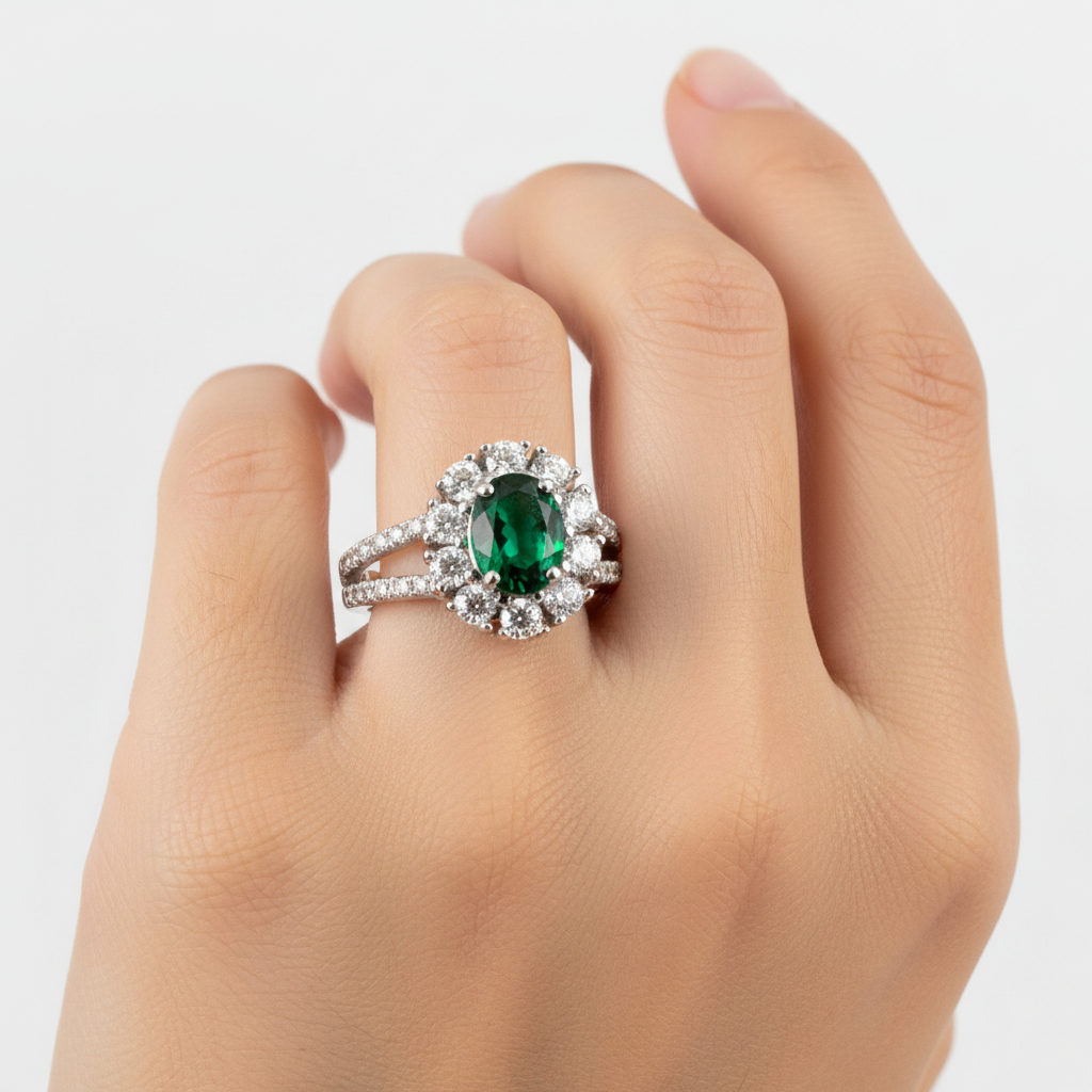 9ct White Gold Emerald Cz Ring.