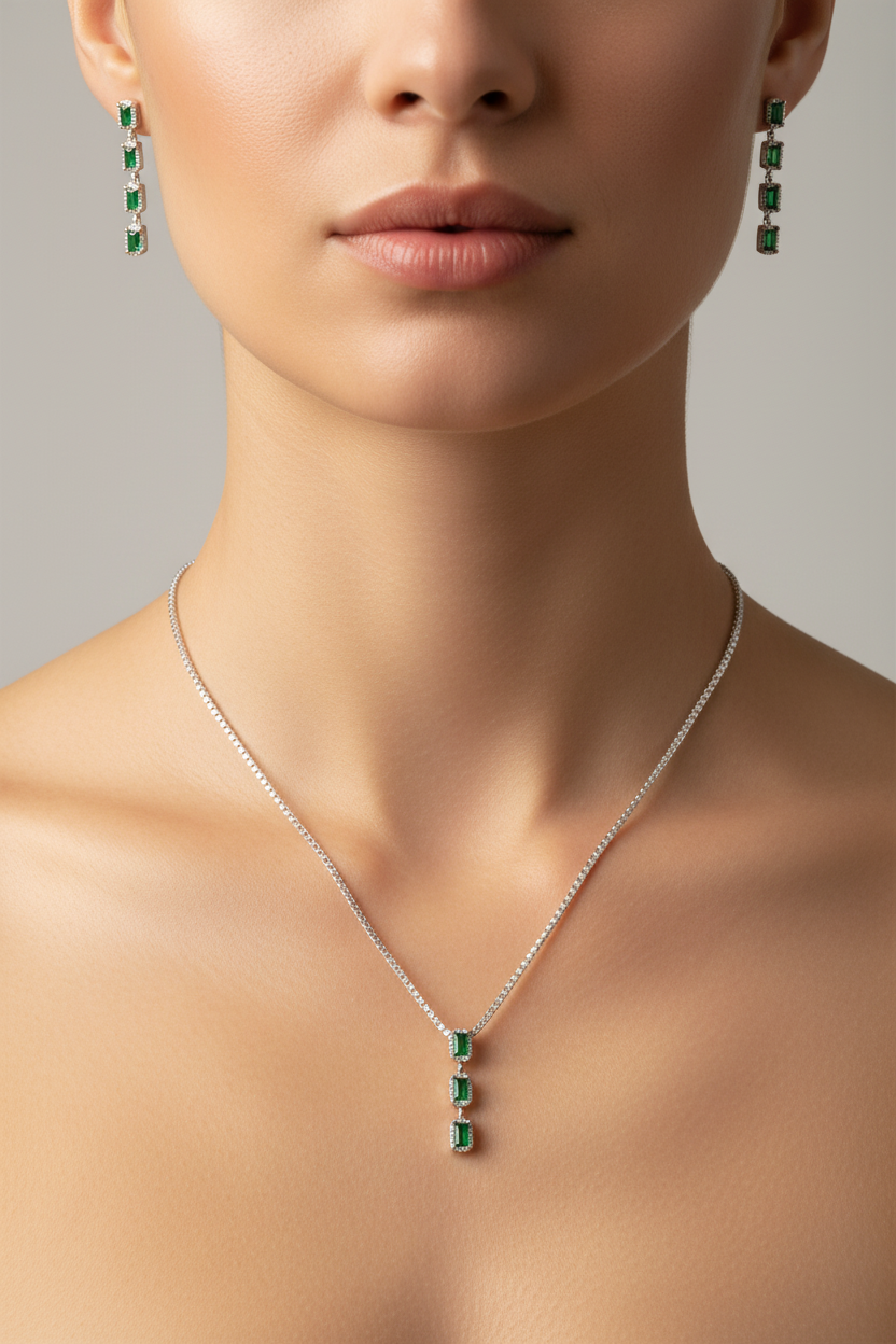 Emerald Zirconia Silver Necklace And Earring Set