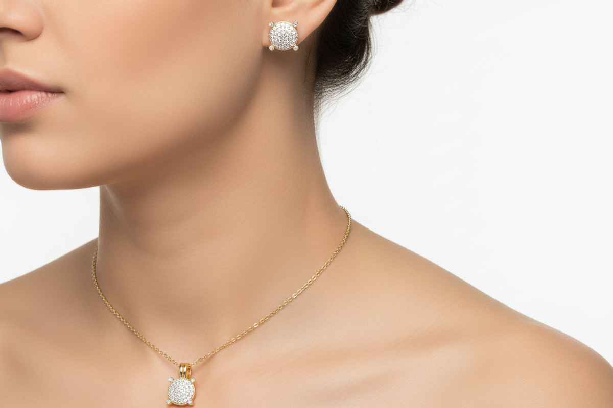 A Yellow Gold Plated Silver White CZ Stone Necklace And Earring Set