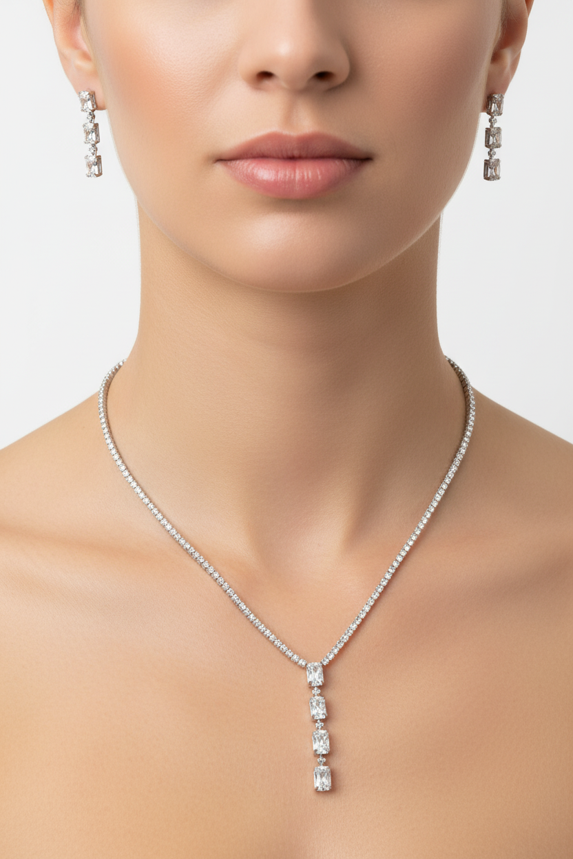 White Cz Silver Necklace And Earring Set